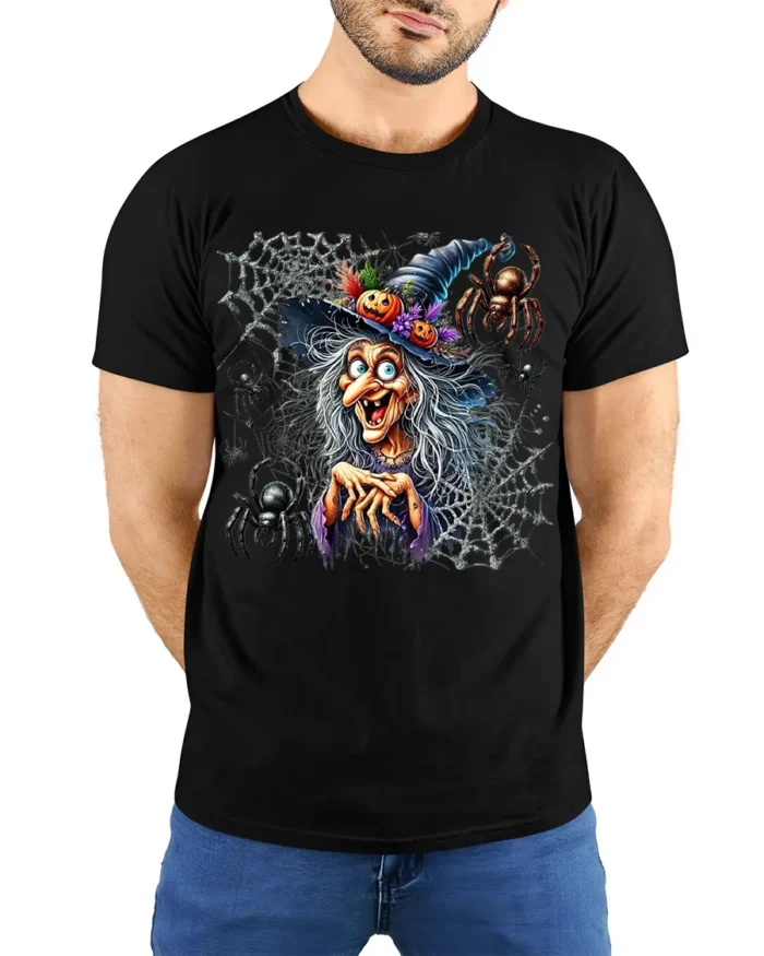Creepy Witch Spider Web Halloween Graphic T-Shirt - model wearing black shirt, hands behind back