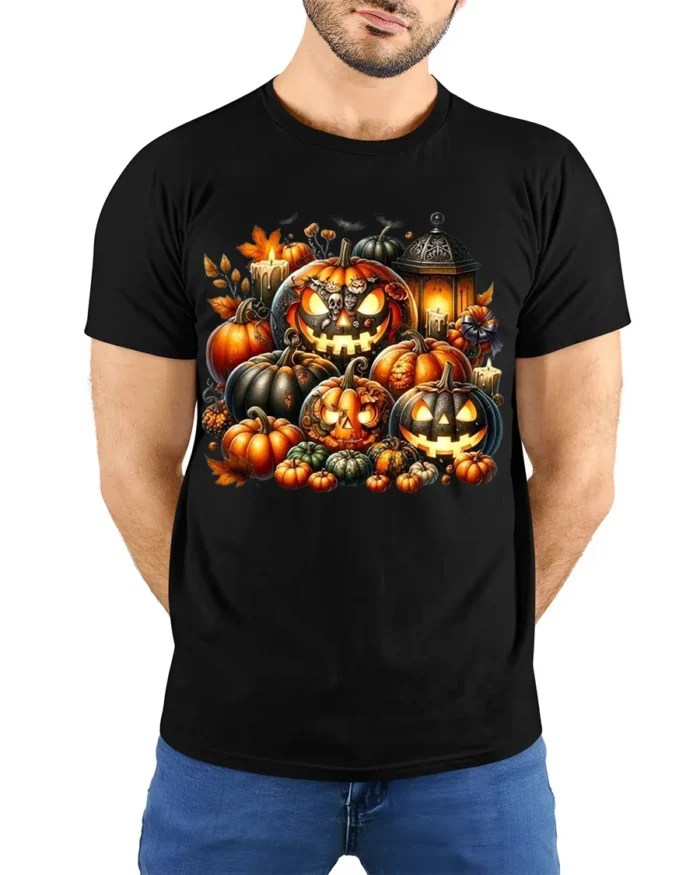 Glowing Pumpkin Jack O Lantern Halloween T-Shirt - model wearing black shirt, hands behind back
