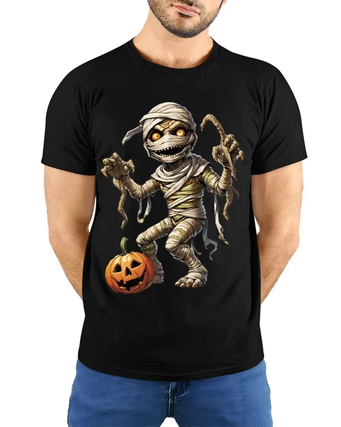 Creepy Mummy Pumpkin Halloween Night Graphic T-Shirt - model wearing black shirt, hands behind back
