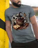 Halloween Witch Coffee Mug Graphic Print T-Shirt - model in grey shirt leaning against column