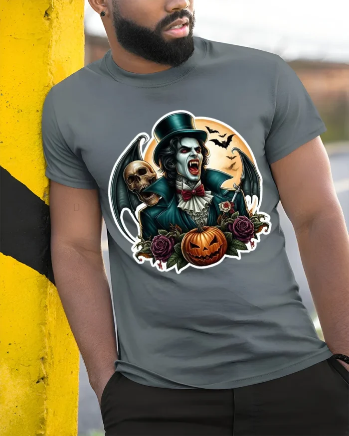 Vampire Skull Pumpkin Gothic Halloween Graphic T-Shirt - model in grey shirt leaning against column