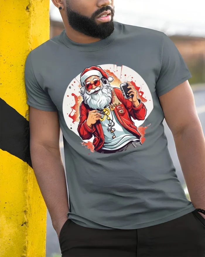 Cool Santa Claus Music Headphones Christmas T-Shirt - model in grey shirt leaning against column
