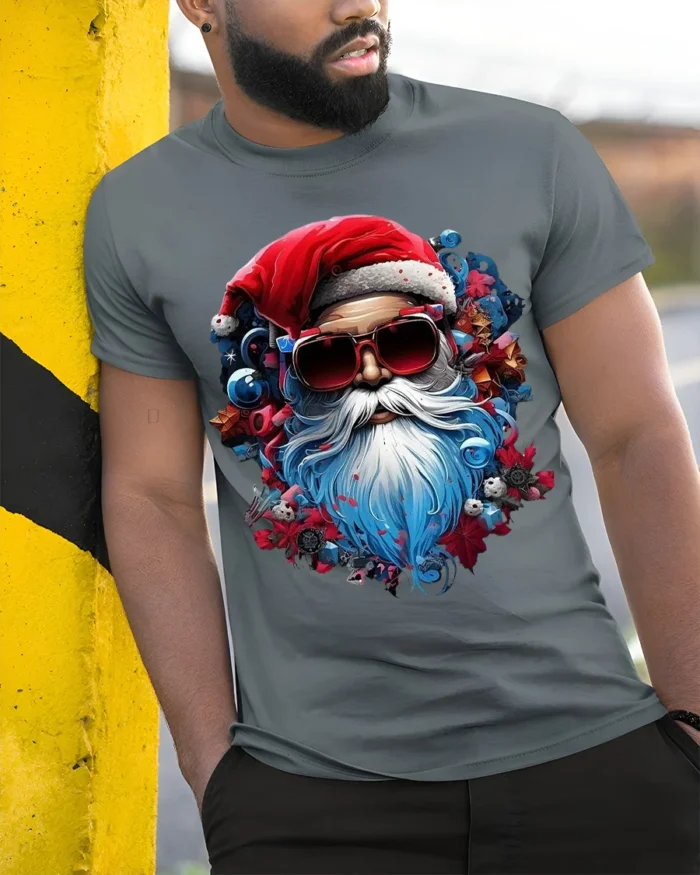 Cool Santa Claus Sunglasses Christmas Graphic T-Shirt - model in grey shirt leaning against column