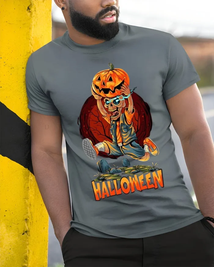 Halloween Skeleton Pumpkin Head Graphic T-Shirt - model in grey shirt leaning against column
