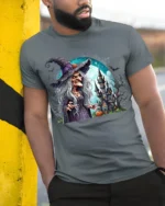 Creepy Witch Haunted Castle Halloween Graphic T-Shirt - model in grey shirt leaning against column
