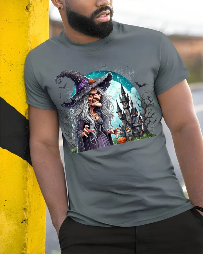 Creepy Witch Haunted Castle Halloween Graphic T-Shirt - model in grey shirt leaning against column