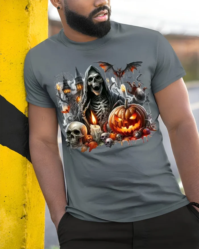 Grim Reaper Pumpkin Skull Halloween Graphic T-Shirt - model in grey shirt leaning against column