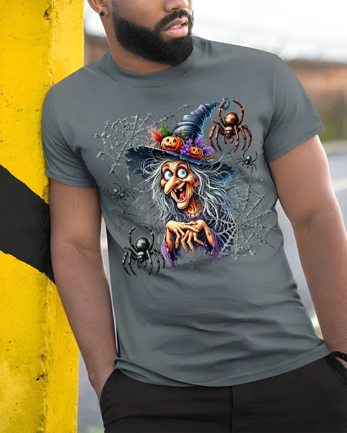 Creepy Witch Spider Web Halloween Graphic T-Shirt - model in grey shirt leaning against column