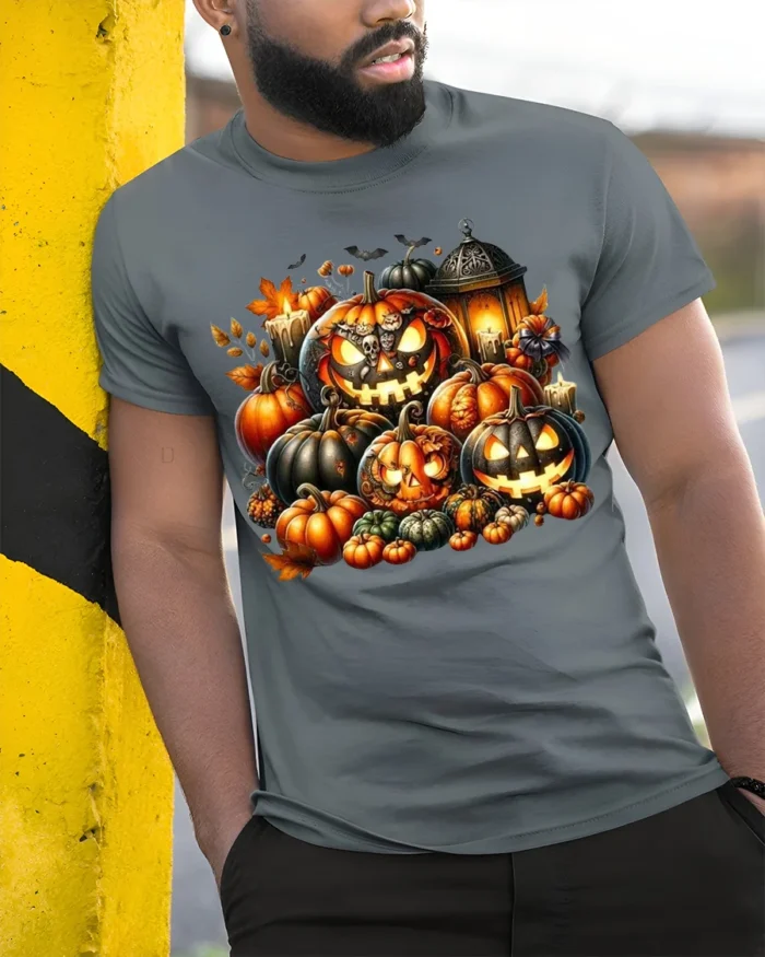 Glowing Pumpkin Jack O Lantern Halloween T-Shirt - model in grey shirt leaning against column