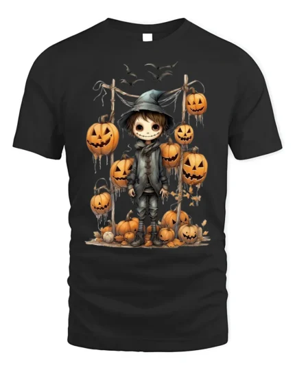 Spooky Pumpkin Scarecrow Halloween Graphic Tshirt - black t-shirt on white background