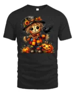 Colorful Patchwork Scarecrow Halloween Graphic Tshirt - black t-shirt on white background