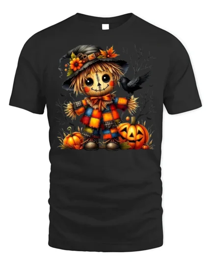 Colorful Patchwork Scarecrow Halloween Graphic Tshirt - black t-shirt on white background