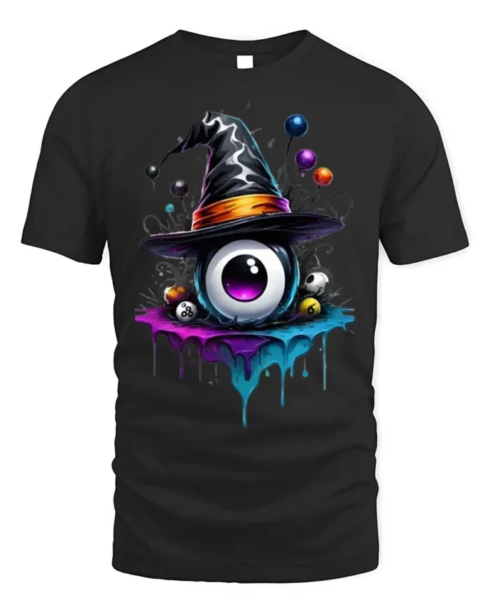 Witch Hat Eyeball Splash Creepy Halloween Graphic Tshirt - black t-shirt on white background