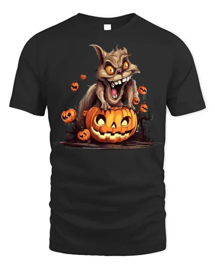 Crazy Squirrel Pumpkin Attack Halloween Graphic Tshirt - black t-shirt on white background