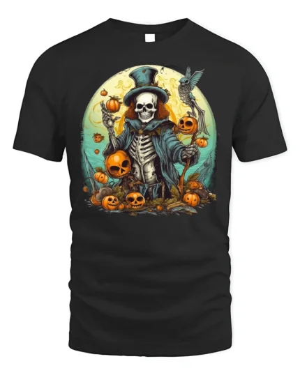 Skeleton Pumpkin Master Scarecrow Halloween Graphic Tshirt - black t-shirt on white background