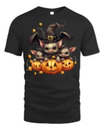 Cute Bat Family Pumpkin Witch Halloween Graphic Tshirt - black t-shirt on white background