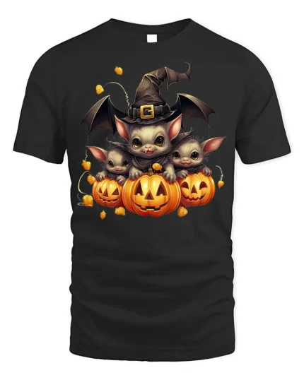 Cute Bat Family Pumpkin Witch Halloween Graphic Tshirt - black t-shirt on white background