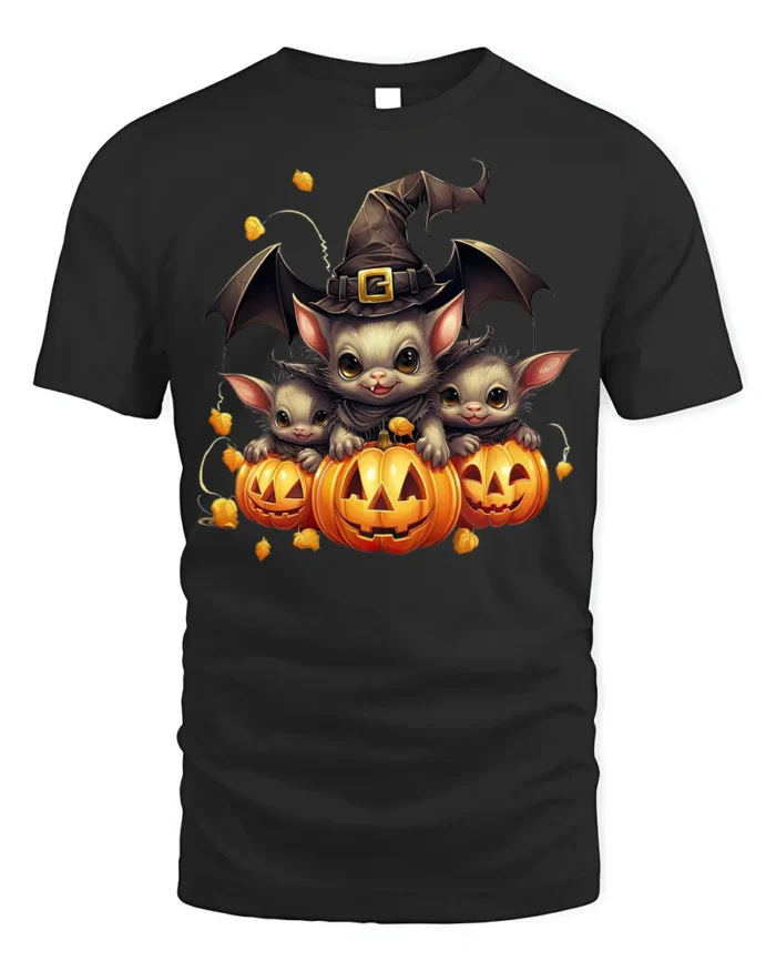 Cute Bat Family Pumpkin Witch Halloween Graphic Tshirt - black t-shirt on white background