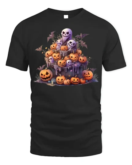 Ghost Pumpkin Pile Haunted Night Halloween Graphic Tshirt - black t-shirt on white background
