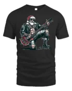 Rockstar Santa Guitar Christmas Holiday Graphic Tshirt - black t-shirt on white background