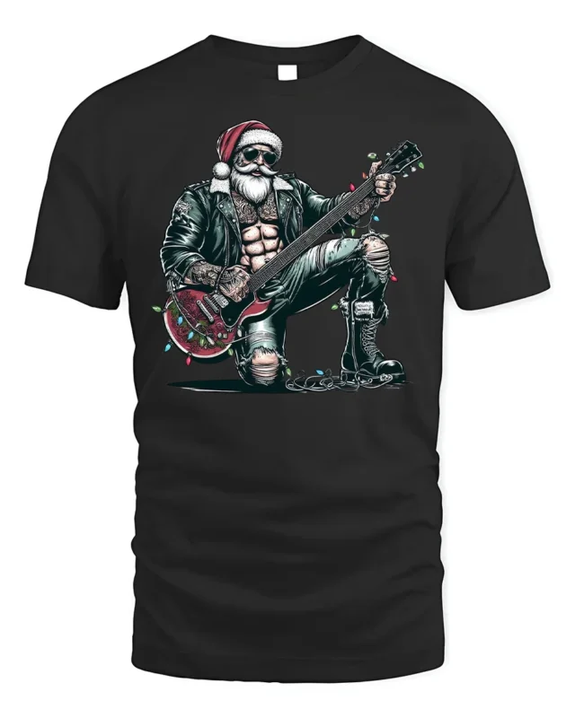 Rockstar Santa Guitar Christmas Holiday Graphic Tshirt - black t-shirt on white background