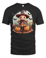 Cute Pumpkin Witch Scarecrow Halloween Graphic Tshirt - black t-shirt on white background