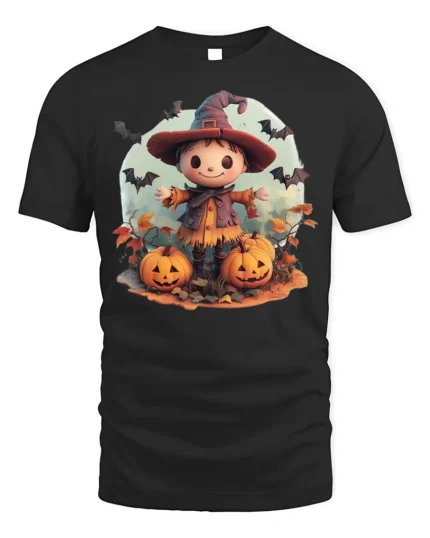 Cute Pumpkin Witch Scarecrow Halloween Graphic Tshirt - black t-shirt on white background