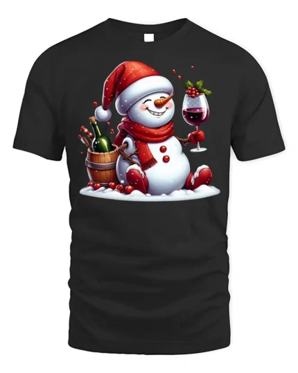 Festive Wine Snowman Christmas Holiday Graphic Tshirt - black t-shirt on white background