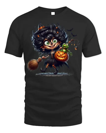 Playful Witch With Pumpkin Frog Halloween Graphic Tshirt - black t-shirt on white background