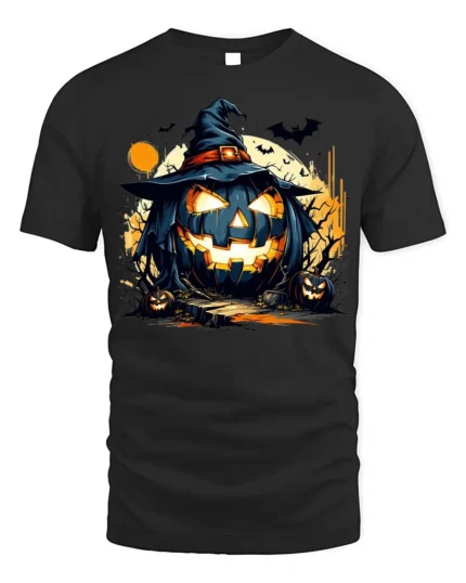 Wicked Pumpkin Witch Moonlight Halloween Graphic Tshirt - black t-shirt on white background