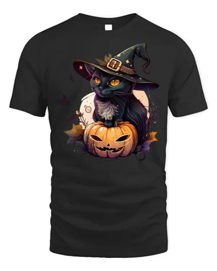 Black Cat Witch Pumpkin Halloween Graphic Tshirt - black t-shirt on white background