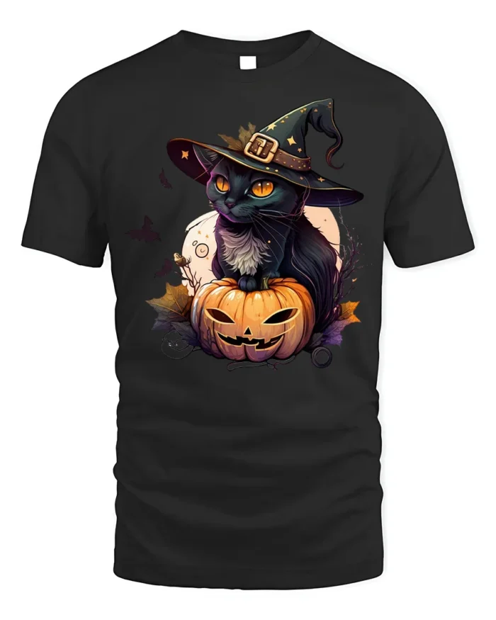 Black Cat Witch Pumpkin Halloween Graphic Tshirt - black t-shirt on white background