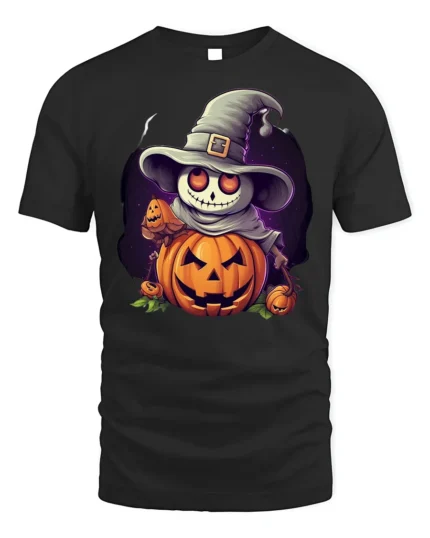 Smiling Pumpkin Skeleton Witch Halloween Graphic Tshirt - black t-shirt on white background