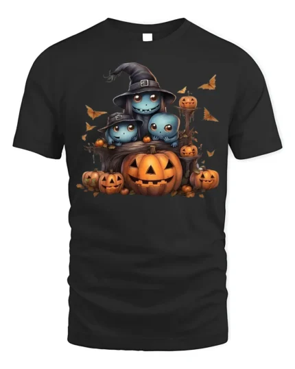 Cute Ghost Family Pumpkin Halloween Graphic Tshirt - black t-shirt on white background