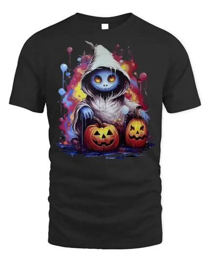 Hooded Ghost Pumpkin Glow Halloween Graphic Tshirt - black t-shirt on white background
