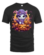 Adorable Kitten Pumpkin Pile Halloween Graphic Tshirt - black t-shirt on white background