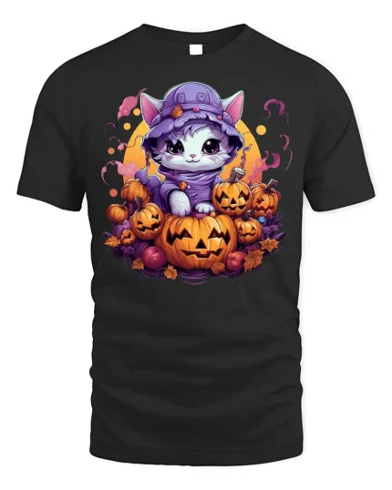 Adorable Kitten Pumpkin Pile Halloween Graphic Tshirt - black t-shirt on white background