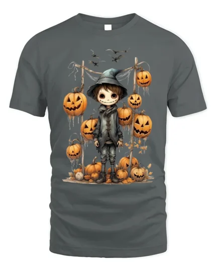 Spooky Pumpkin Scarecrow Halloween Graphic Tshirt - gray t-shirt on white background