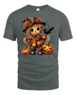 Colorful Patchwork Scarecrow Halloween Graphic Tshirt - gray t-shirt on white background