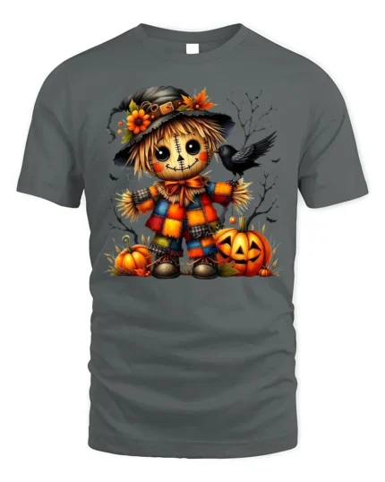 Colorful Patchwork Scarecrow Halloween Graphic Tshirt - gray t-shirt on white background