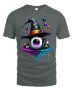 Witch Hat Eyeball Splash Creepy Halloween Graphic Tshirt - gray t-shirt on white background