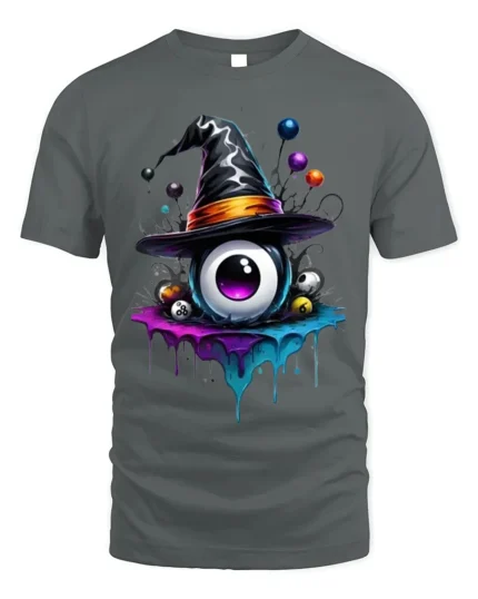 Witch Hat Eyeball Splash Creepy Halloween Graphic Tshirt - gray t-shirt on white background