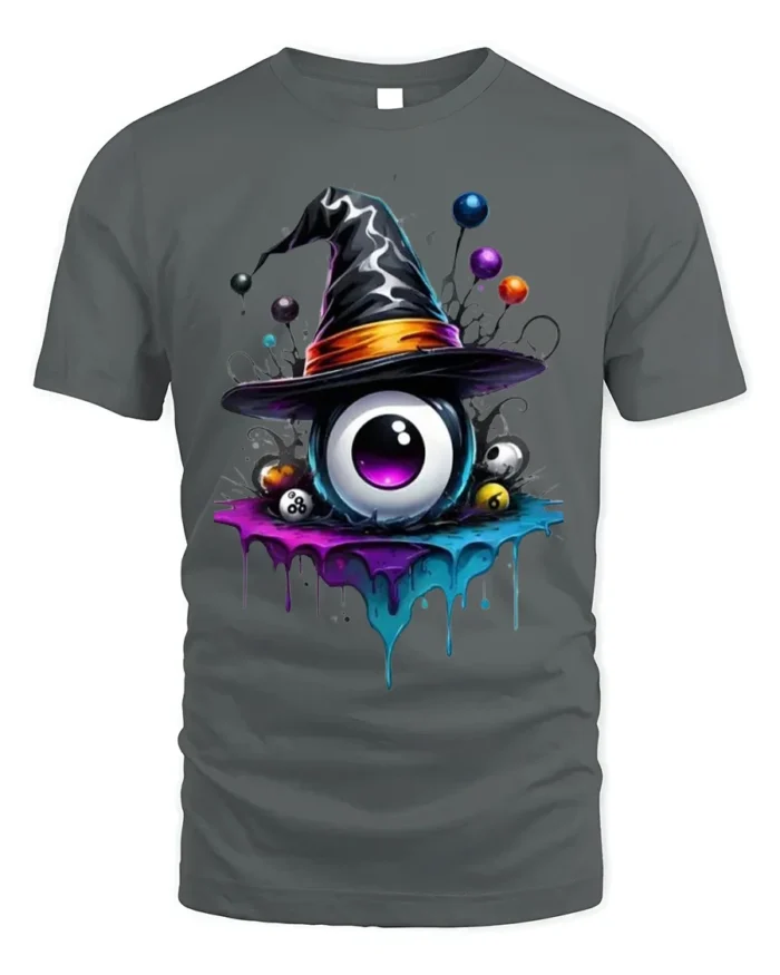 Witch Hat Eyeball Splash Creepy Halloween Graphic Tshirt - gray t-shirt on white background