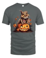 Crazy Squirrel Pumpkin Attack Halloween Graphic Tshirt - gray t-shirt on white background