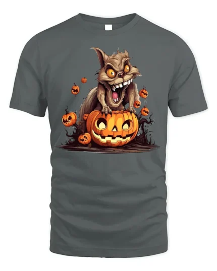 Crazy Squirrel Pumpkin Attack Halloween Graphic Tshirt - gray t-shirt on white background