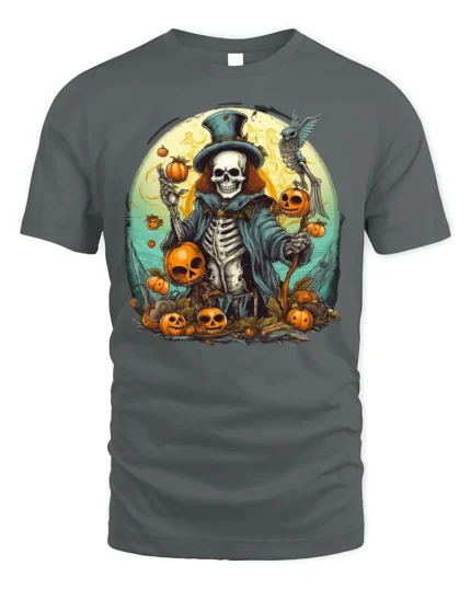 Skeleton Pumpkin Master Scarecrow Halloween Graphic Tshirt - gray t-shirt on white background