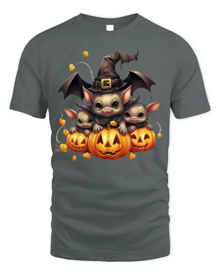 Cute Bat Family Pumpkin Witch Halloween Graphic Tshirt - gray t-shirt on white background