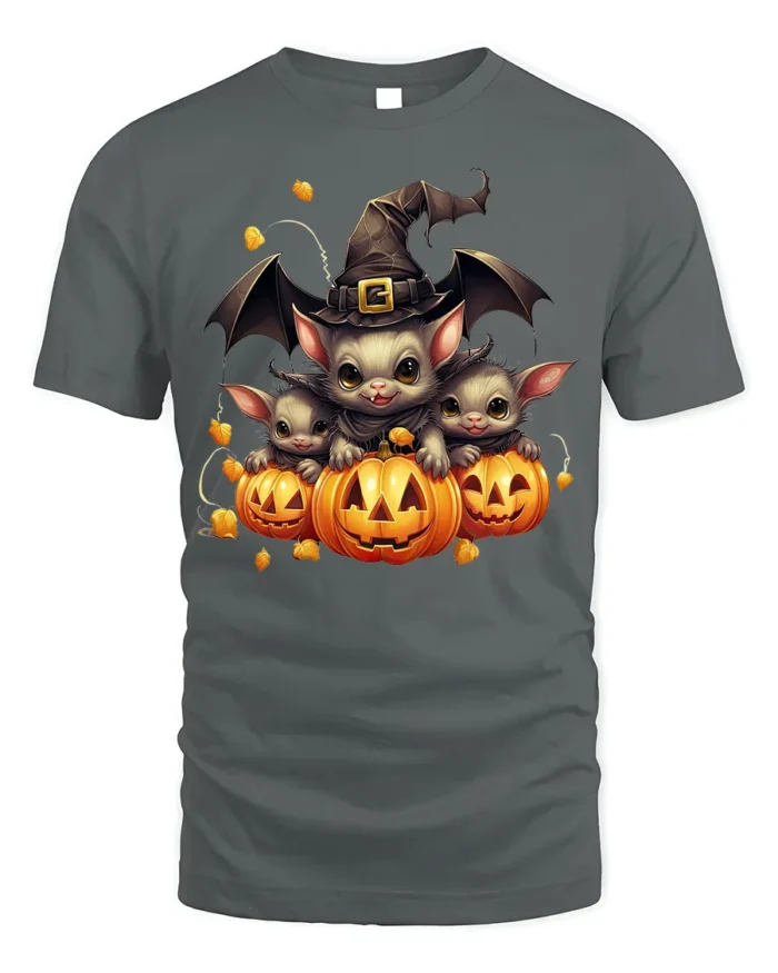 Cute Bat Family Pumpkin Witch Halloween Graphic Tshirt - gray t-shirt on white background
