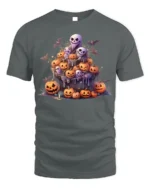 Ghost Pumpkin Pile Haunted Night Halloween Graphic Tshirt - gray t-shirt on white background