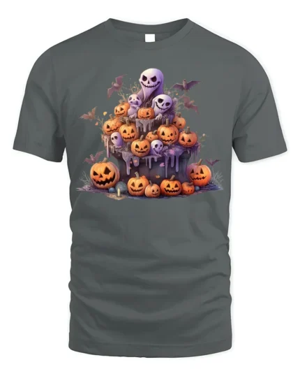 Ghost Pumpkin Pile Haunted Night Halloween Graphic Tshirt - gray t-shirt on white background